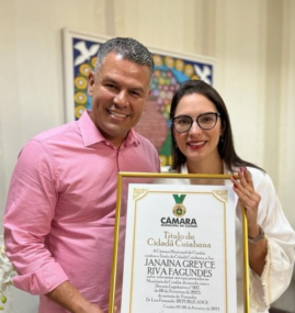 MT:   HOMENAGEM DA CÂMARA:   Vereador entrega a Janaina Riva título de cidadã cuiabana