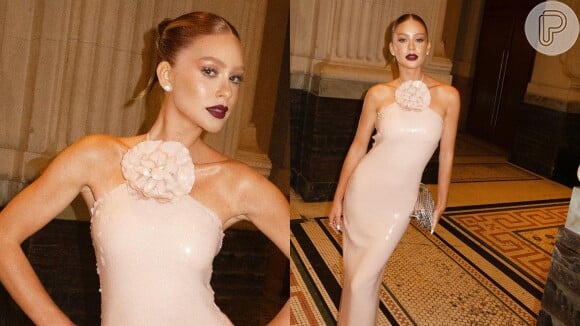 Marina Ruy Barbosa usa vestido pêssego em leilão beneficente e deixa Carolina Dieckmann babando: ‘Deslumbrante’