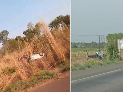 PRESO ÀS FERRAGENS  Engavetamento entre 3 veículos na BR-070 em Cáceres deixa duas pessoas feridas