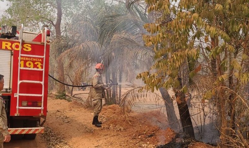 Corpo de Bombeiros combate incêndio em vegetação em Santo Antônio de Leverger