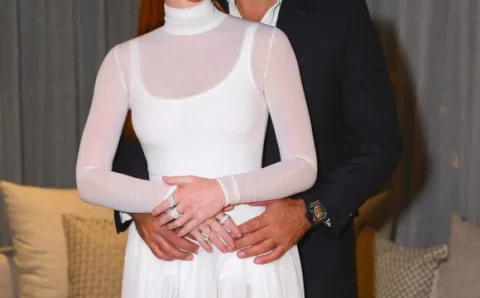 Marina Ruy Barbosa e noivo bilionário fazem rara aparição juntos; atriz aposta em look all white elegante e com transparência